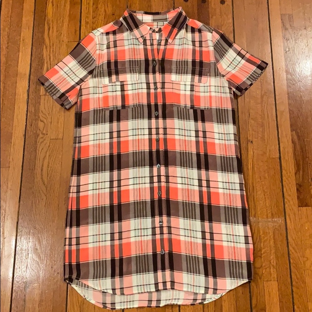 Equipment | Pink, Brown, & White Plaid Shirt Dress